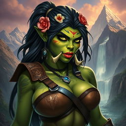 A visually striking depiction of a sexy female orc character, showcasing her powerful and alluring features