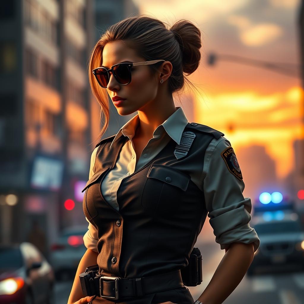 A captivating depiction of a sexy female police officer, showcasing her confident and commanding presence