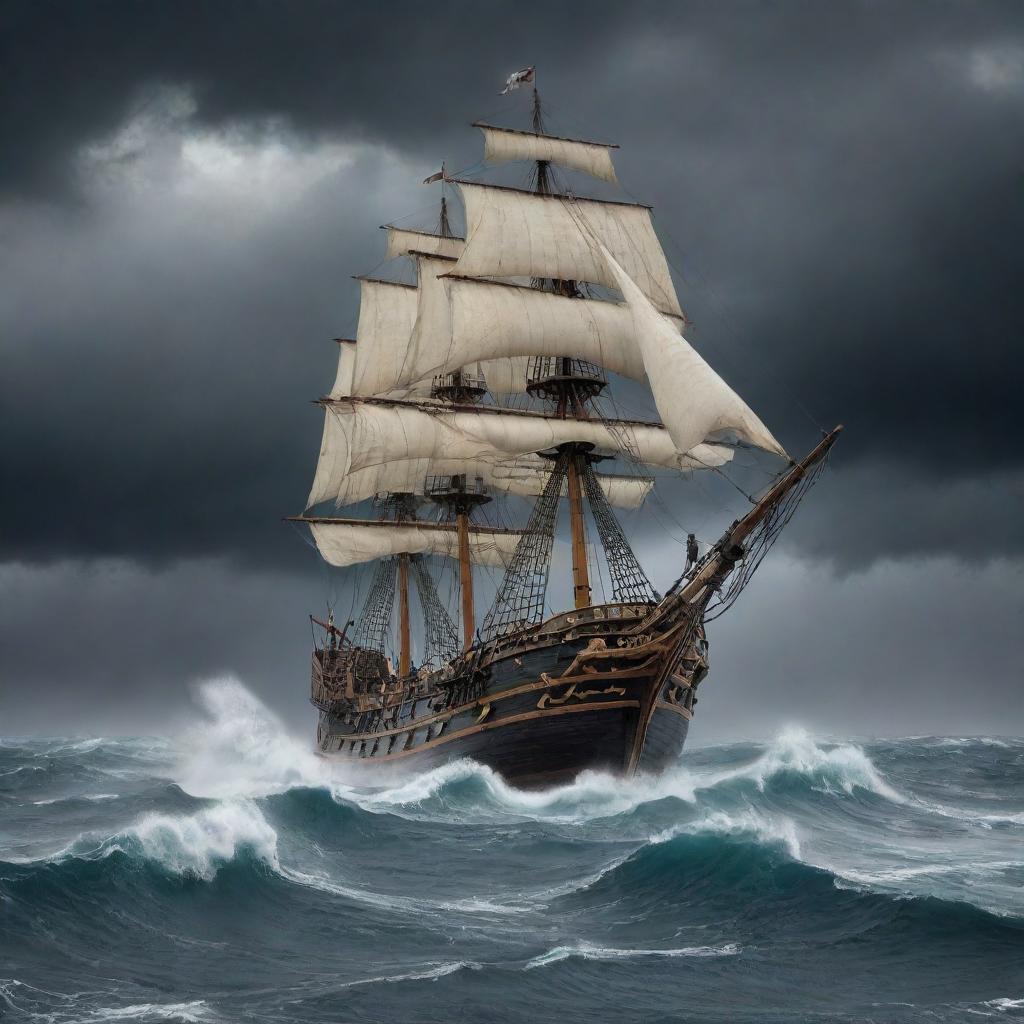 A large, ancient pirate ship navigating with difficulty on a tumultuous ocean with 10 meter high waves. Ten anxious sailors are maneuvering the ship. The sky is cloudy dark grey with four huge, thick lightning bolts.