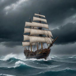 A large, ancient pirate ship navigating with difficulty on a tumultuous ocean with 10 meter high waves. Ten anxious sailors are maneuvering the ship. The sky is cloudy dark grey with four huge, thick lightning bolts.