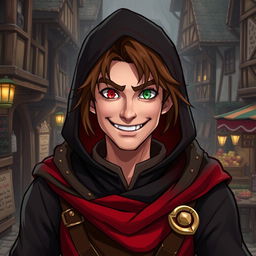 A brown-haired middle-aged rogue character, possessing striking red and green eyes, adorned in hooded medieval attire that blends shades of red, black, and gold