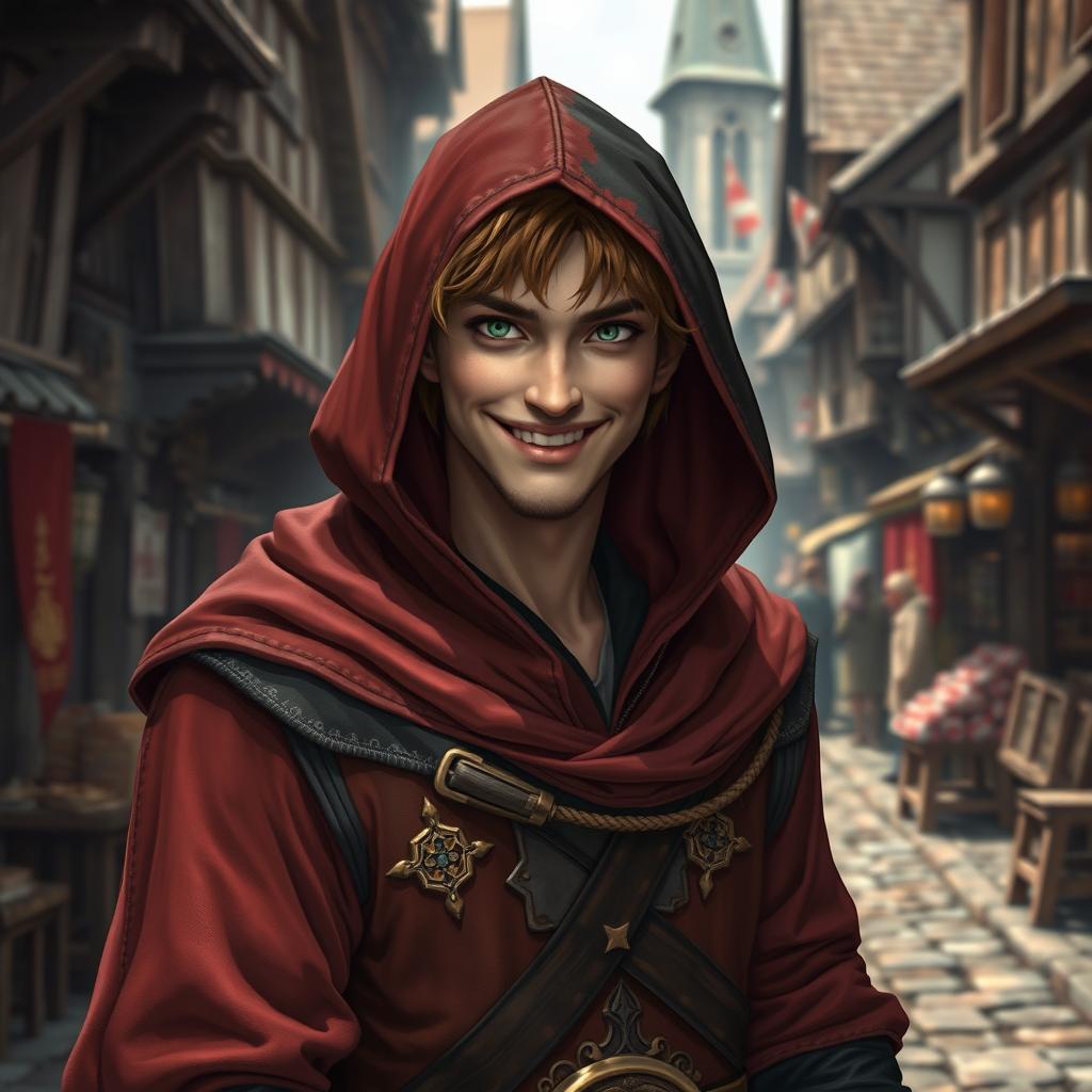 A brown-haired middle-aged rogue character, possessing striking red and green eyes, adorned in hooded medieval attire that blends shades of red, black, and gold