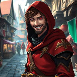 A brown-haired middle-aged rogue character, possessing striking red and green eyes, adorned in hooded medieval attire that blends shades of red, black, and gold