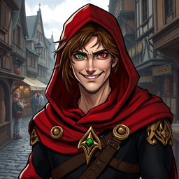 A brown-haired middle-aged rogue character, possessing striking red and green eyes, adorned in hooded medieval attire that blends shades of red, black, and gold