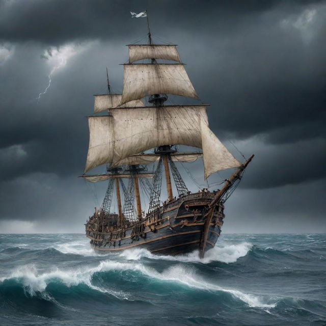 A large, ancient pirate ship navigating with difficulty on a tumultuous ocean with 10 meter high waves. Ten anxious sailors are maneuvering the ship. The sky is cloudy dark grey with four huge, thick lightning bolts.