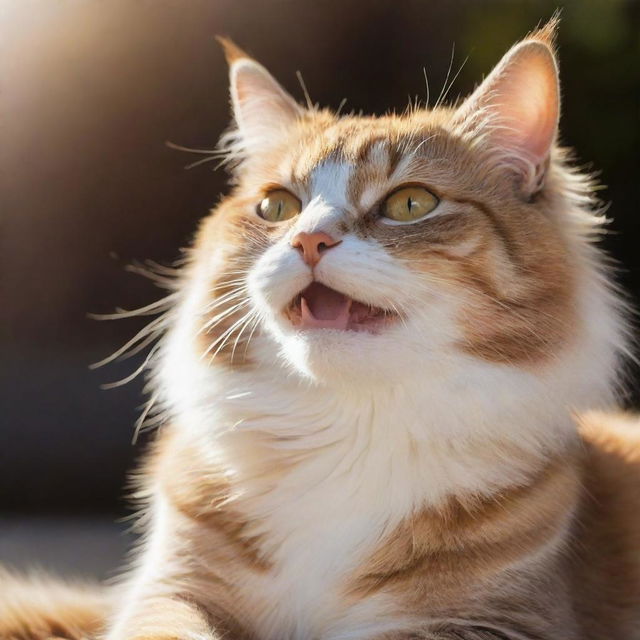 A cheerful cat basking in the sunlight, its fur sleek and shiny, and its eyes sparkling with joy.