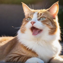 A cheerful cat basking in the sunlight, its fur sleek and shiny, and its eyes sparkling with joy.