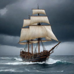 A large, ancient sailing pirate ship navigating on a stormy ocean with 15 meter high waves under a cloudy dark grey sky with four huge, thick lightning bolts. Several sailors are maneuvering the ship.