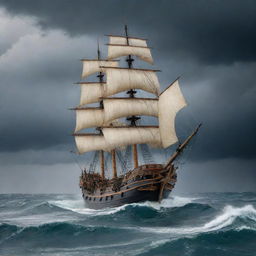 A large, ancient sailing pirate ship navigating on a stormy ocean with 15 meter high waves under a cloudy dark grey sky with four huge, thick lightning bolts. Several sailors are maneuvering the ship.