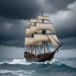 A large, ancient sailing pirate ship navigating on a stormy ocean with 15 meter high waves under a cloudy dark grey sky with four huge, thick lightning bolts. Several sailors are maneuvering the ship.