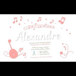 A beautifully designed baby shower invitation themed around 'music'