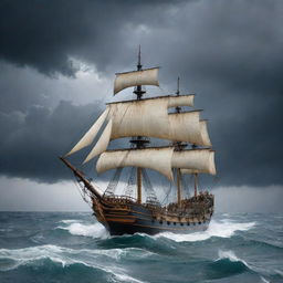 A large, ancient sailing pirate ship navigating on a stormy ocean with 15 meter high waves under a cloudy dark grey sky with four huge, thick lightning bolts. Several sailors are maneuvering the ship.