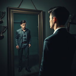 A young man in a stylish suit stands in front of a large mirror, gazing at his reflection with a mix of shock and sorrow