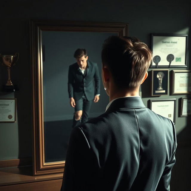 A young man in a stylish suit stands in front of a large mirror, gazing at his reflection with a mix of shock and sorrow