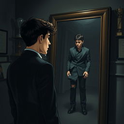 A young man in a stylish suit stands in front of a large mirror, gazing at his reflection with a mix of shock and sorrow