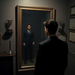 A young man in a stylish suit stands in front of a large mirror, gazing at his reflection with a mix of shock and sorrow