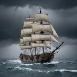 A large, ancient sailing pirate ship navigating on a stormy ocean with 15 meter high waves. The dark grey sky is filled with enormous, thick lightning bolts. Several sailors are frantically maneuvering the ship on deck.