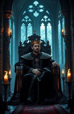 A dark fantasy scene featuring an emotionally deep and brooding king seated on a grand, ornate throne in a dimly lit castle chamber