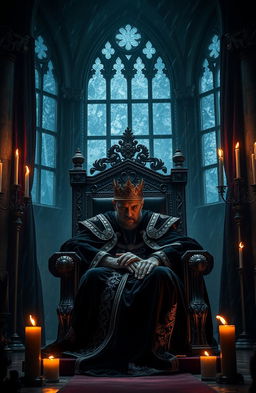 A dark fantasy scene featuring an emotionally deep and brooding king seated on a grand, ornate throne in a dimly lit castle chamber
