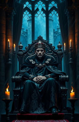 A dark fantasy scene featuring an emotionally deep and brooding king seated on a grand, ornate throne in a dimly lit castle chamber