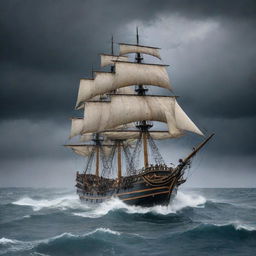 A large, ancient sailing pirate ship navigating on a stormy ocean with 15 meter high waves. The dark grey sky is filled with enormous, thick lightning bolts. Several sailors are frantically maneuvering the ship on deck.