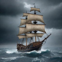 A large, ancient sailing pirate ship navigating on a stormy ocean with 15 meter high waves. The dark grey sky is filled with enormous, thick lightning bolts. Several sailors are frantically maneuvering the ship on deck.