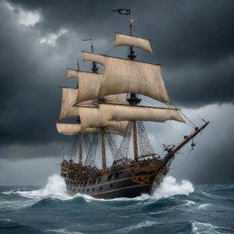 A large, ancient sailing pirate ship navigating on a stormy ocean with 15 meter high waves. The dark grey sky is filled with enormous, thick lightning bolts. Several sailors are frantically maneuvering the ship on deck.