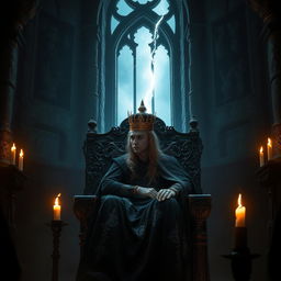 A dark fantasy scene featuring an emotional and brooding king seated on an imposing, intricately carved throne in a shadowy castle chamber