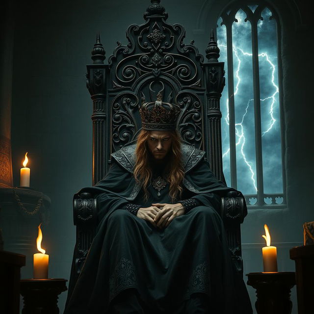 A dark fantasy scene featuring an emotional and brooding king seated on an imposing, intricately carved throne in a shadowy castle chamber