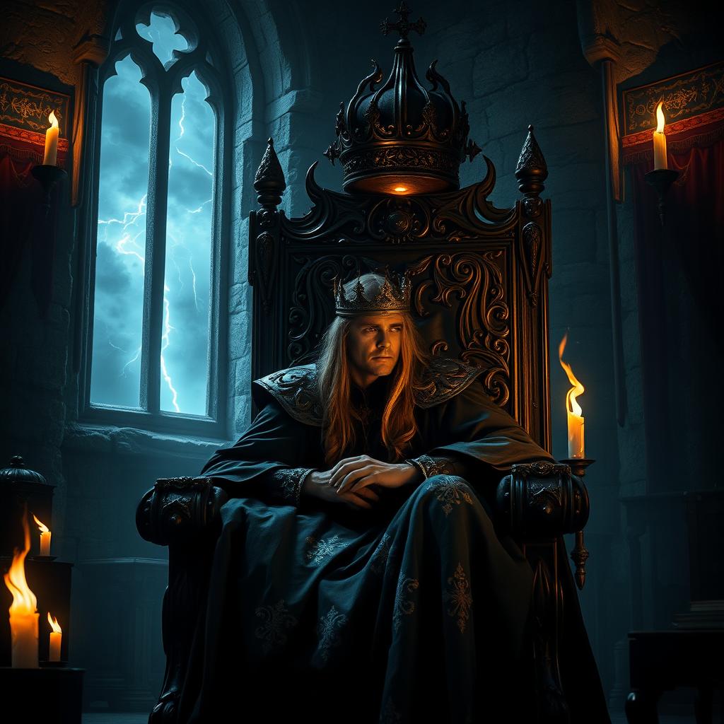 A dark fantasy scene featuring an emotional and brooding king seated on an imposing, intricately carved throne in a shadowy castle chamber