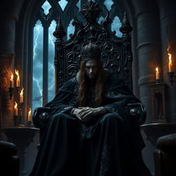 A dark fantasy scene featuring an emotional and brooding king seated on an imposing, intricately carved throne in a shadowy castle chamber