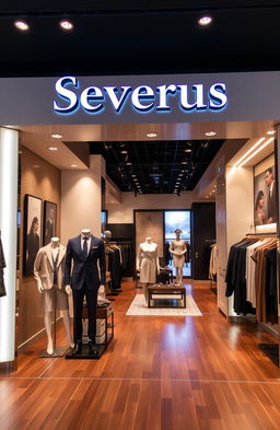 A chic and modern clothing store named 'Severus', featuring stylish and elegant clothing displays with a luxurious interior design