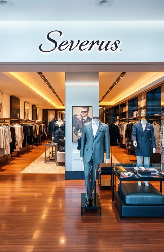A chic and modern clothing store named 'Severus', featuring stylish and elegant clothing displays with a luxurious interior design