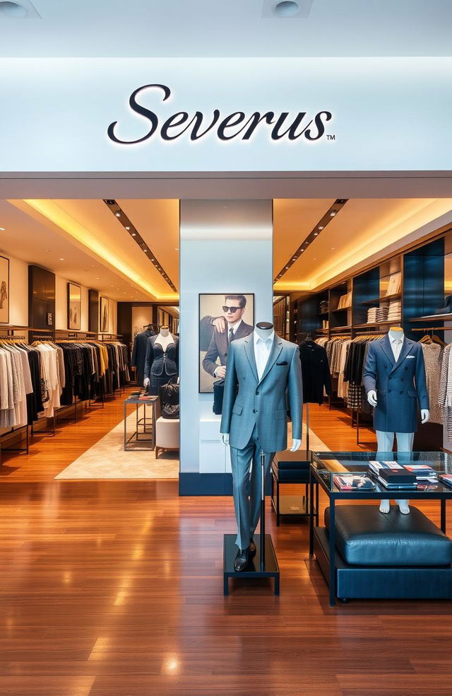 A chic and modern clothing store named 'Severus', featuring stylish and elegant clothing displays with a luxurious interior design