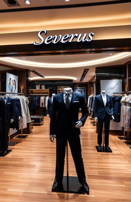 A chic and modern clothing store named 'Severus', featuring stylish and elegant clothing displays with a luxurious interior design