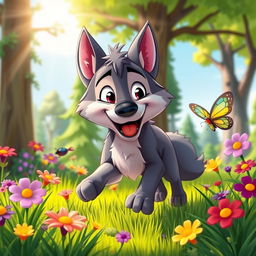 A playful cartoon wolf happily chasing after a colorful butterfly in a vibrant forest setting