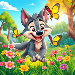 A playful cartoon wolf happily chasing after a colorful butterfly in a vibrant forest setting