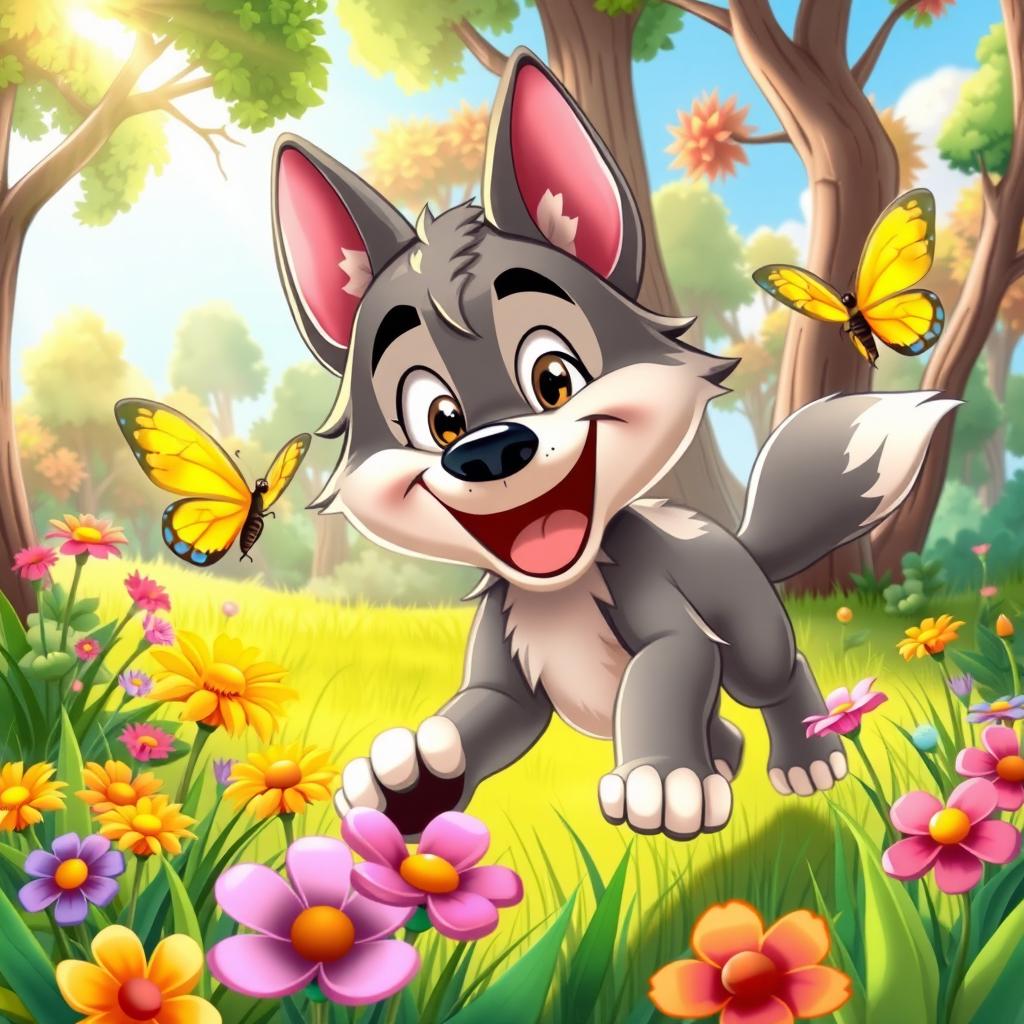 A playful cartoon wolf happily chasing after a colorful butterfly in a vibrant forest setting