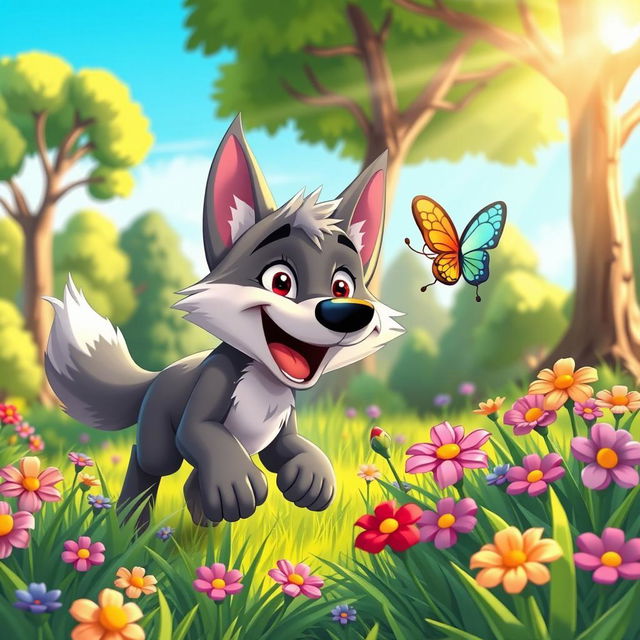 A playful cartoon wolf happily chasing after a colorful butterfly in a vibrant forest setting