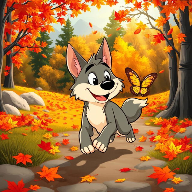 A playful cartoon wolf eagerly chasing after a colorful butterfly in an autumn landscape