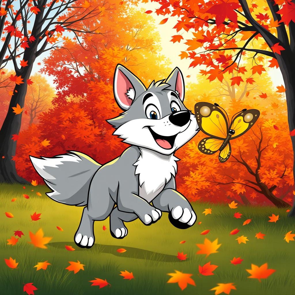 A playful cartoon wolf eagerly chasing after a colorful butterfly in an autumn landscape