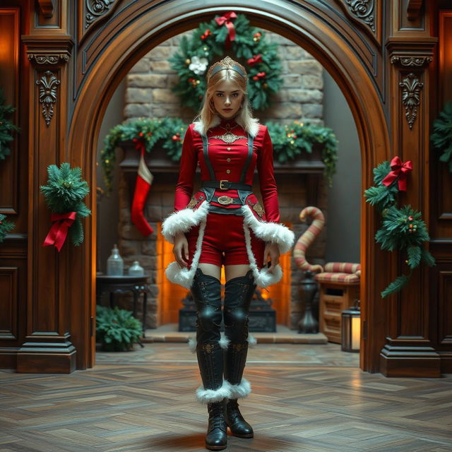 A confident steampunk character stands in front of an ornate wooden archway, wearing a Victorian-inspired outfit made of rich red fabric with white fur trim