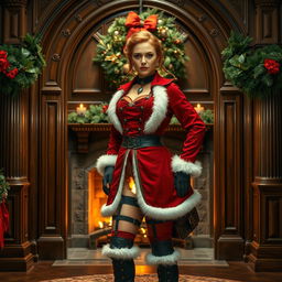 A confident steampunk character stands in front of an ornate wooden archway, wearing a Victorian-inspired outfit made of rich red fabric with white fur trim