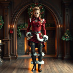 A confident steampunk character stands in front of an ornate wooden archway, wearing a Victorian-inspired outfit made of rich red fabric with white fur trim