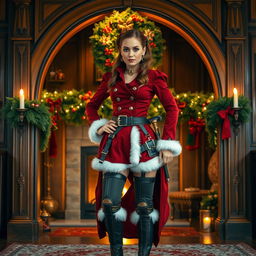 A confident steampunk character stands in front of an ornate wooden archway, wearing a Victorian-inspired outfit made of rich red fabric with white fur trim