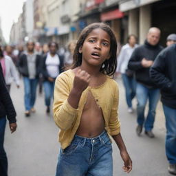 A poverty-stricken young girl, spreading out her hand imploringly towards a crowd of passersby, expressing hope and desperation.