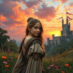 A fantasy scene featuring a young woman in ancient warrior attire, gently looking back with a soft expression