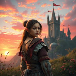 A fantasy scene featuring a young woman in ancient warrior attire, gently looking back with a soft expression