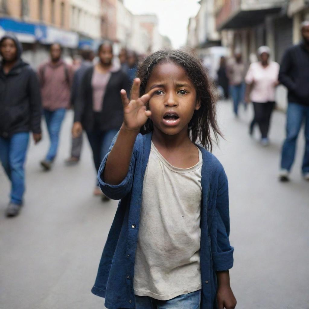 A poverty-stricken young girl, spreading out her hand imploringly towards a crowd of passersby, expressing hope and desperation.