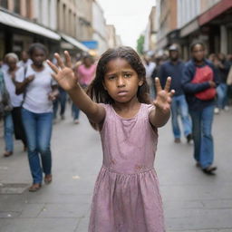 A poverty-stricken young girl, spreading out her hand imploringly towards a crowd of passersby, expressing hope and desperation.